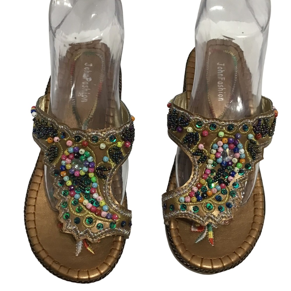 John Fashion Bronze Beaded Wedge Sandal Boho T-Strap Flip Flop Multi Color Beads